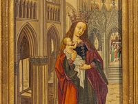 A fine copy after the left wing of the diptych of christiaan de hondt, abbot of ter duinen in koksijde, by the master of 1499, oil on oak 33 x 15.5 cm. (12.99 x 6.09 in.), frame: 43 x 25.5 cm. (16.92 x 10.03 in.) - afbeelding 2 van  4