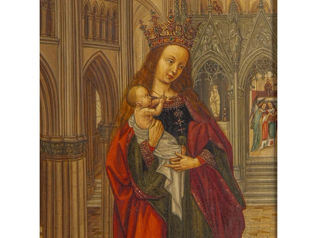 A fine copy after the left wing of the diptych of christiaan de hondt, abbot of ter duinen in koksijde, by the master of 1499, oil on oak 33 x 15.5 cm. (12.99 x 6.09 in.), frame: 43 x 25.5 cm. (16.92 x 10.03 in.) - afbeelding 4 van  4