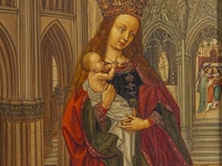 A fine copy after the left wing of the diptych of christiaan de hondt, abbot of ter duinen in koksijde, by the master of 1499, oil on oak 33 x 15.5 cm. (12.99 x 6.09 in.), frame: 43 x 25.5 cm. (16.92 x 10.03 in.) - afbeelding 4 van  4