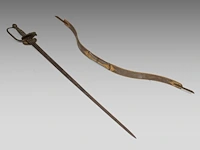 A fine gilt damascus bronze bow, 19thc, added a matching sword the bow: 88 cm. (34.64 in.), the sword: 97 cm. (38.18 in.)