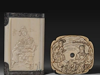 A fine japanese ivory box with a family scene on the lid and a shunga scene on the interior, with silver fittings; added a ditto tsuba of a lady with her children, signed, meiji period (1868-1912), w 10,5 cm - 130g / w 7