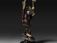 A fine japanese wood and walrus ivory okimono of a hunter fighting a tiger, signed, meiji period (1868-1912), h 31 cm (*) - afbeelding 5 van  8