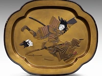 A fine lacquered panel with shibayama inlay of ivory, representing a samurai beheading another in combat, meiji period (1868-1912), h 45 cm - w 37 cm - ca. 1000g (+)