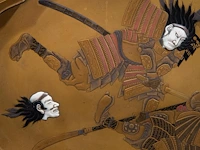 A fine lacquered panel with shibayama inlay of ivory, representing a samurai beheading another in combat, meiji period (1868-1912), h 45 cm - w 37 cm - ca. 1000g (+) - afbeelding 3 van  9