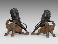 A fine pair of louis xv style painted bronze andirons with lions 32 cm. (12.59 in.)
