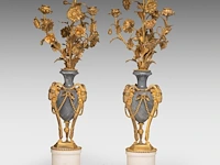 A fine pair of louis xvi period gilt bronze mounted marble candelabras 73 cm. (28.73 in.)