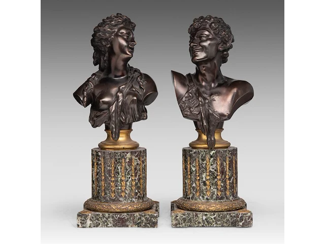 A fine pair of patinated bronze busts by victor paillard & romain, paris total 47 cm. (18 1/2 in.) - afbeelding 1 van  7