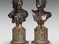 A fine pair of patinated bronze busts by victor paillard & romain, paris total 47 cm. (18 1/2 in.)