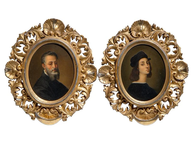 A fine pair of portraits of michelangelo and raphael, presented in a richly carved giltwood frame, 19thc 21.5 x 17 cm. (8.46 x 6.69 in.), frame: 38.5 x 33 cm. (15.16 x 12.99 in.) - afbeelding 1 van  5