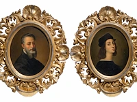 A fine pair of portraits of michelangelo and raphael, presented in a richly carved giltwood frame, 19thc 21.5 x 17 cm. (8.46 x 6.69 in.), frame: 38.5 x 33 cm. (15.16 x 12.99 in.)