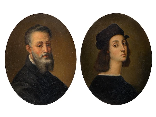 A fine pair of portraits of michelangelo and raphael, presented in a richly carved giltwood frame, 19thc 21.5 x 17 cm. (8.46 x 6.69 in.), frame: 38.5 x 33 cm. (15.16 x 12.99 in.) - afbeelding 2 van  5