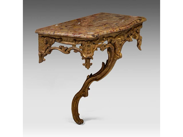 A fine rococo giltwood console table with a brèche d'alep marble top, mid 18thc 81 x 80 x 46 cm. (31.89 x 31 1/2 x 18.10 in.) - afbeelding 1 van  6