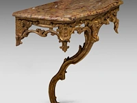 A fine rococo giltwood console table with a brèche d'alep marble top, mid 18thc 81 x 80 x 46 cm. (31.89 x 31 1/2 x 18.10 in.)
