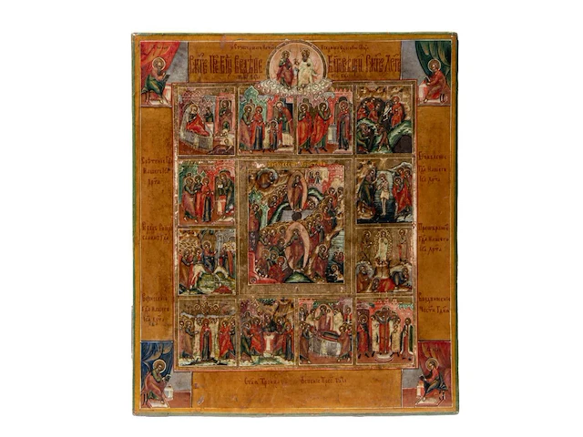 A fine russian orthodox holiday icon, 19thc 31.5 x 27 cm. (12.40 x 10.63 in.) - afbeelding 1 van  4