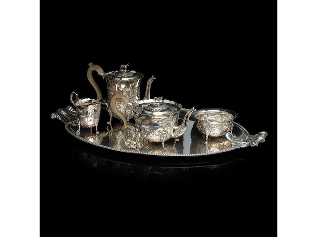 A four-part irish silver coffee and tea set on a matching tray, irish hallmark, year letter d (1971), 925/000, maker's mark rii, h 7 - 18 cm, total weight: 4210 g - afbeelding 1 van  20