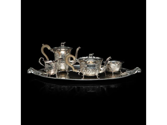 A four-part irish silver coffee and tea set on a matching tray, irish hallmark, year letter d (1971), 925/000, maker's mark rii, h 7 - 18 cm, total weight: 4210 g - afbeelding 12 van  20