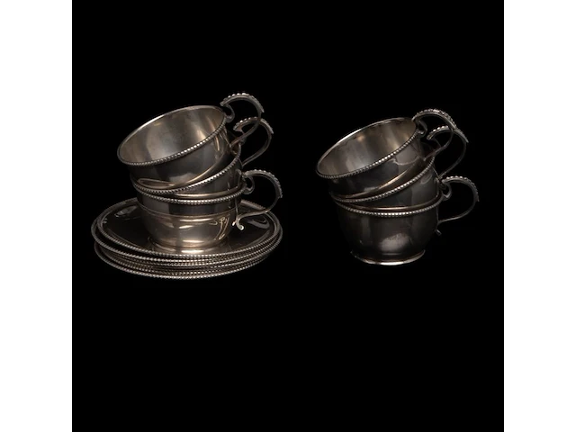 A french chocolate pot, a hungarian plate and six silver cups and saucers, h 4,5 - 23,5 cm, total weight: 1796 g - afbeelding 4 van  12