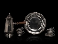 A french chocolate pot, a hungarian plate and six silver cups and saucers, h 4,5 - 23,5 cm, total weight: 1796 g