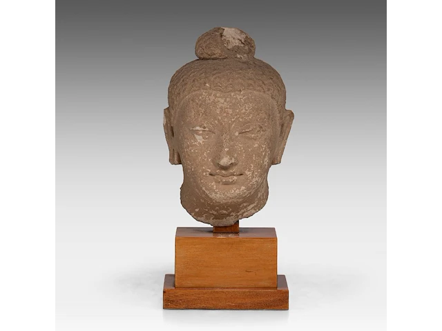 A gandharan stucco head of the buddha, ancient region of gandhara, 3rd-5thc, on a wooden base, total h 29 cm - afbeelding 1 van  6