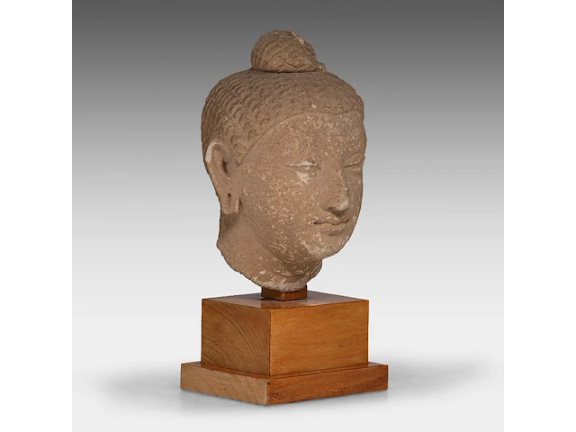 A gandharan stucco head of the buddha, ancient region of gandhara, 3rd-5thc, on a wooden base, total h 29 cm - afbeelding 6 van  6