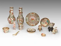 A group of chinese canton famille rose ware, incl. a miniature fanghu vase decorated with figures on a terrace, 19thc, tallest 25,5 cm (16)