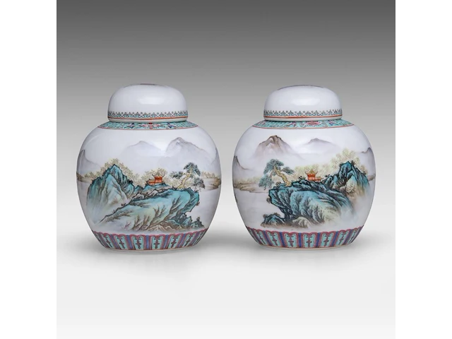 A group of chinese famille rose export plates, incl. one 'mandarins on a terrace', 18thc, ø 23 - 25 cm - added a pair of vintage tea caddies, total h 12 cm (11) - afbeelding 2 van  17