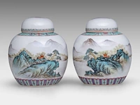 A group of chinese famille rose export plates, incl. one 'mandarins on a terrace', 18thc, ø 23 - 25 cm - added a pair of vintage tea caddies, total h 12 cm (11) - afbeelding 2 van  17