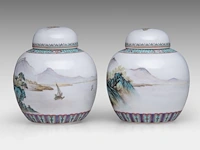 A group of chinese famille rose export plates, incl. one 'mandarins on a terrace', 18thc, ø 23 - 25 cm - added a pair of vintage tea caddies, total h 12 cm (11) - afbeelding 3 van  17