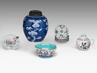 A group of chinese famille rose ware, incl. a turquoise glazed footed bowl and a 'prunus on cracked ice' ginger jar, some marked, all 19thc, tallest h 28 cm (10)