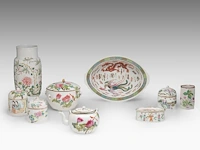 A group of chinese famille rose ware, incl. three wine warmers, some marked, republic period, tallest h 22 cm