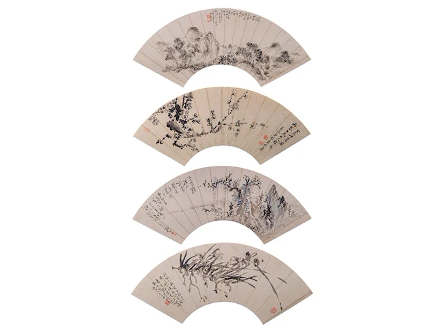 A group of four chinese paintings on fan, mostly 'mountainous landscape', ink and colour on paper, signed text and seal stamped, largest l 53,5 cm - afbeelding 1 van  9