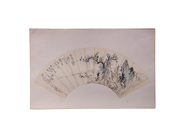 A group of four chinese paintings on fan, mostly 'mountainous landscape', ink and colour on paper, signed text and seal stamped, largest l 53,5 cm - afbeelding 7 van  9