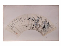 A group of four chinese paintings on fan, mostly 'mountainous landscape', ink and colour on paper, signed text and seal stamped, largest l 53,5 cm - afbeelding 7 van  9