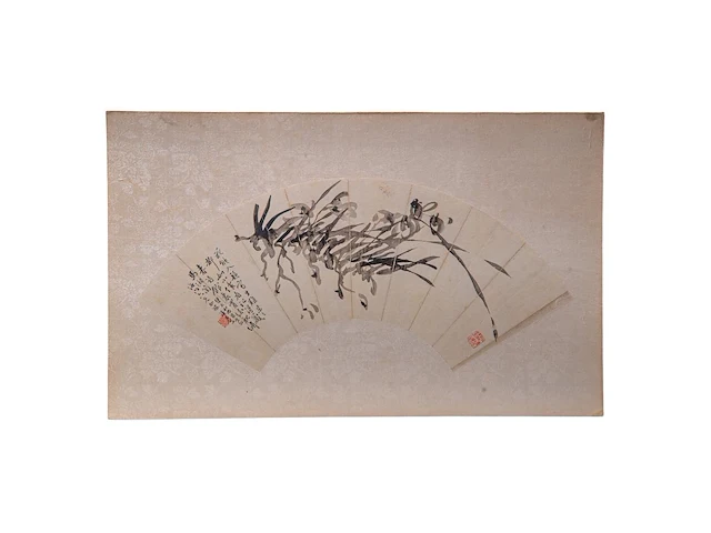 A group of four chinese paintings on fan, mostly 'mountainous landscape', ink and colour on paper, signed text and seal stamped, largest l 53,5 cm - afbeelding 9 van  9
