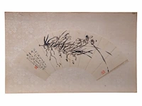 A group of four chinese paintings on fan, mostly 'mountainous landscape', ink and colour on paper, signed text and seal stamped, largest l 53,5 cm - afbeelding 9 van  9