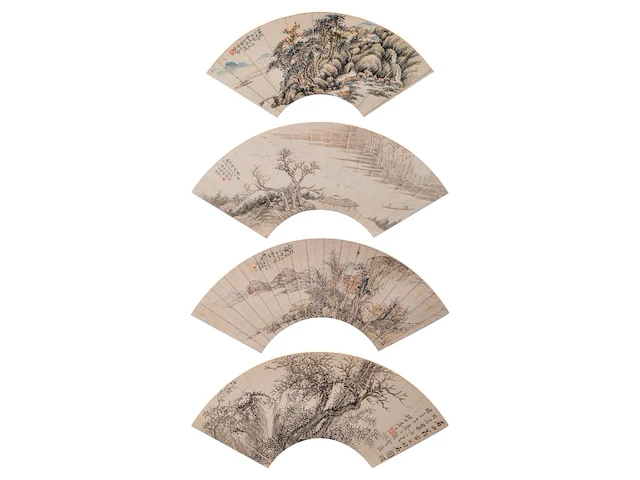 A group of four chinese paintings on fan, mostly 'river landscape', colour and ink on paper, signed text and seal stamped, largest l 53,7 cm - afbeelding 1 van  9