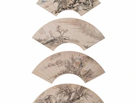 A group of four chinese paintings on fan, mostly 'river landscape', colour and ink on paper, signed text and seal stamped, largest l 53,7 cm