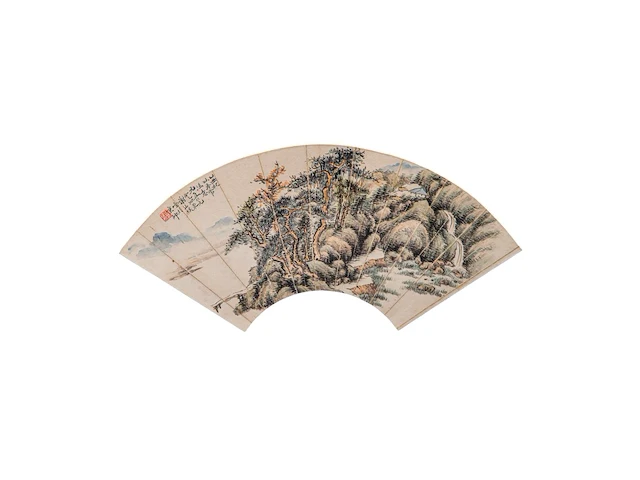 A group of four chinese paintings on fan, mostly 'river landscape', colour and ink on paper, signed text and seal stamped, largest l 53,7 cm - afbeelding 2 van  9