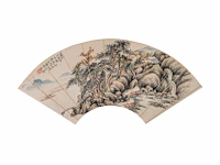 A group of four chinese paintings on fan, mostly 'river landscape', colour and ink on paper, signed text and seal stamped, largest l 53,7 cm - afbeelding 2 van  9