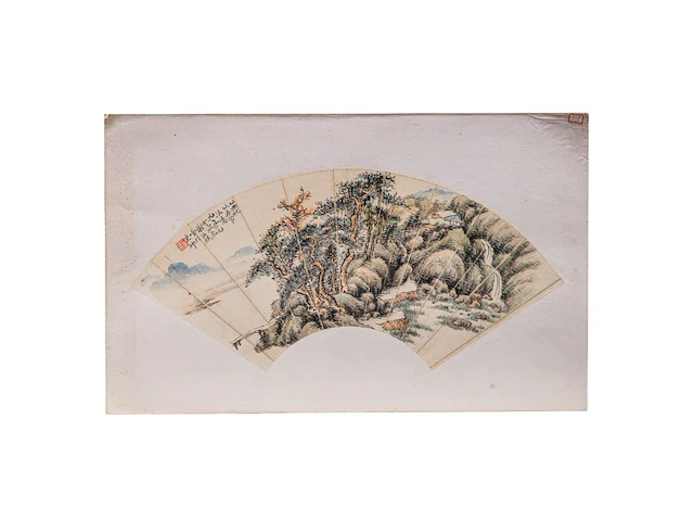 A group of four chinese paintings on fan, mostly 'river landscape', colour and ink on paper, signed text and seal stamped, largest l 53,7 cm - afbeelding 3 van  9
