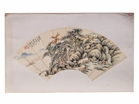 A group of four chinese paintings on fan, mostly 'river landscape', colour and ink on paper, signed text and seal stamped, largest l 53,7 cm - afbeelding 3 van  9