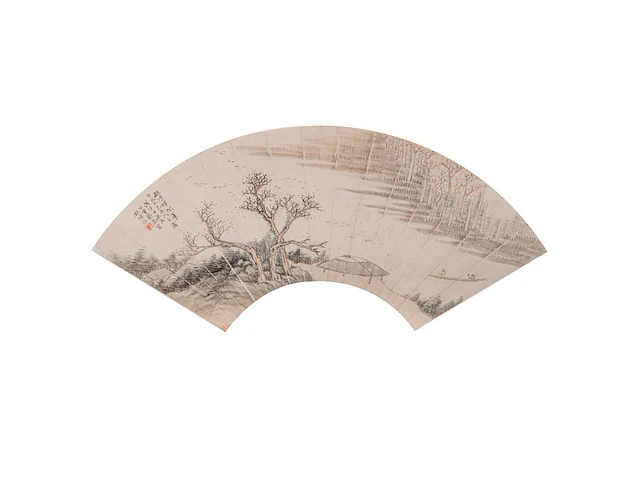 A group of four chinese paintings on fan, mostly 'river landscape', colour and ink on paper, signed text and seal stamped, largest l 53,7 cm - afbeelding 4 van  9