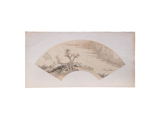 A group of four chinese paintings on fan, mostly 'river landscape', colour and ink on paper, signed text and seal stamped, largest l 53,7 cm - afbeelding 5 van  9
