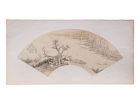 A group of four chinese paintings on fan, mostly 'river landscape', colour and ink on paper, signed text and seal stamped, largest l 53,7 cm - afbeelding 5 van  9