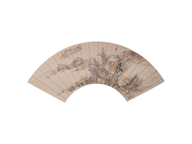 A group of four chinese paintings on fan, mostly 'river landscape', colour and ink on paper, signed text and seal stamped, largest l 53,7 cm - afbeelding 6 van  9