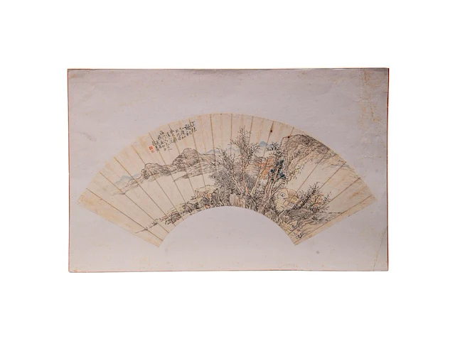 A group of four chinese paintings on fan, mostly 'river landscape', colour and ink on paper, signed text and seal stamped, largest l 53,7 cm - afbeelding 7 van  9