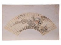 A group of four chinese paintings on fan, mostly 'river landscape', colour and ink on paper, signed text and seal stamped, largest l 53,7 cm - afbeelding 7 van  9