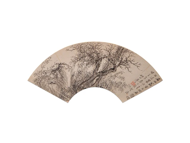 A group of four chinese paintings on fan, mostly 'river landscape', colour and ink on paper, signed text and seal stamped, largest l 53,7 cm - afbeelding 8 van  9