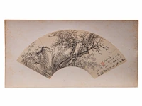 A group of four chinese paintings on fan, mostly 'river landscape', colour and ink on paper, signed text and seal stamped, largest l 53,7 cm - afbeelding 9 van  9