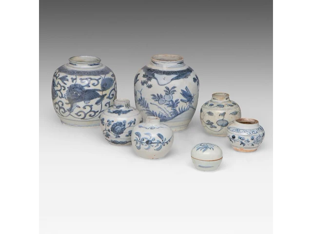 A group of seven chinese blue and white shipwreck jarlets, decoration incl. 'buddhist lion' and 'grasshopper', ming dynasty, tallest h 4 - 15 cm - afbeelding 1 van  7